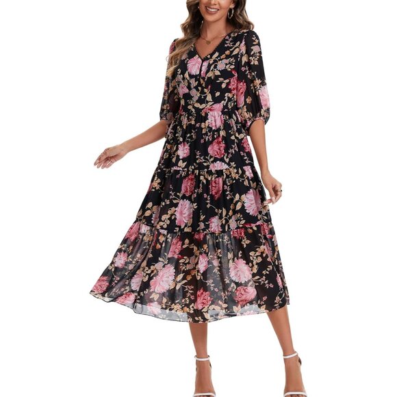 Women's Boho Chiffon Dress Large V Neck 3/4 Sleeve Long Flowy Casual - Picture 3 of 5